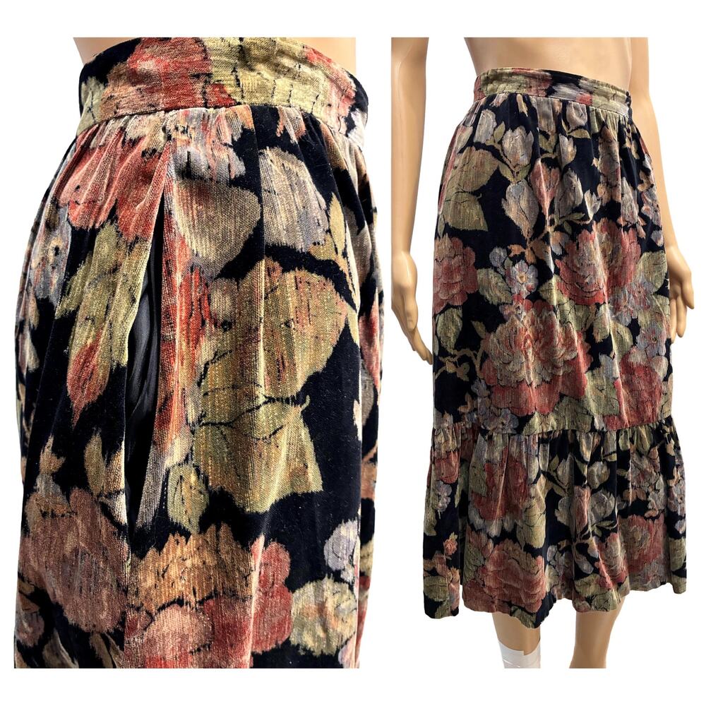 70s Strawberry Plant Velvet Floral Skirt Dorothy Schoelen Midi Ruffle Hem XS - Picture 2 of 8